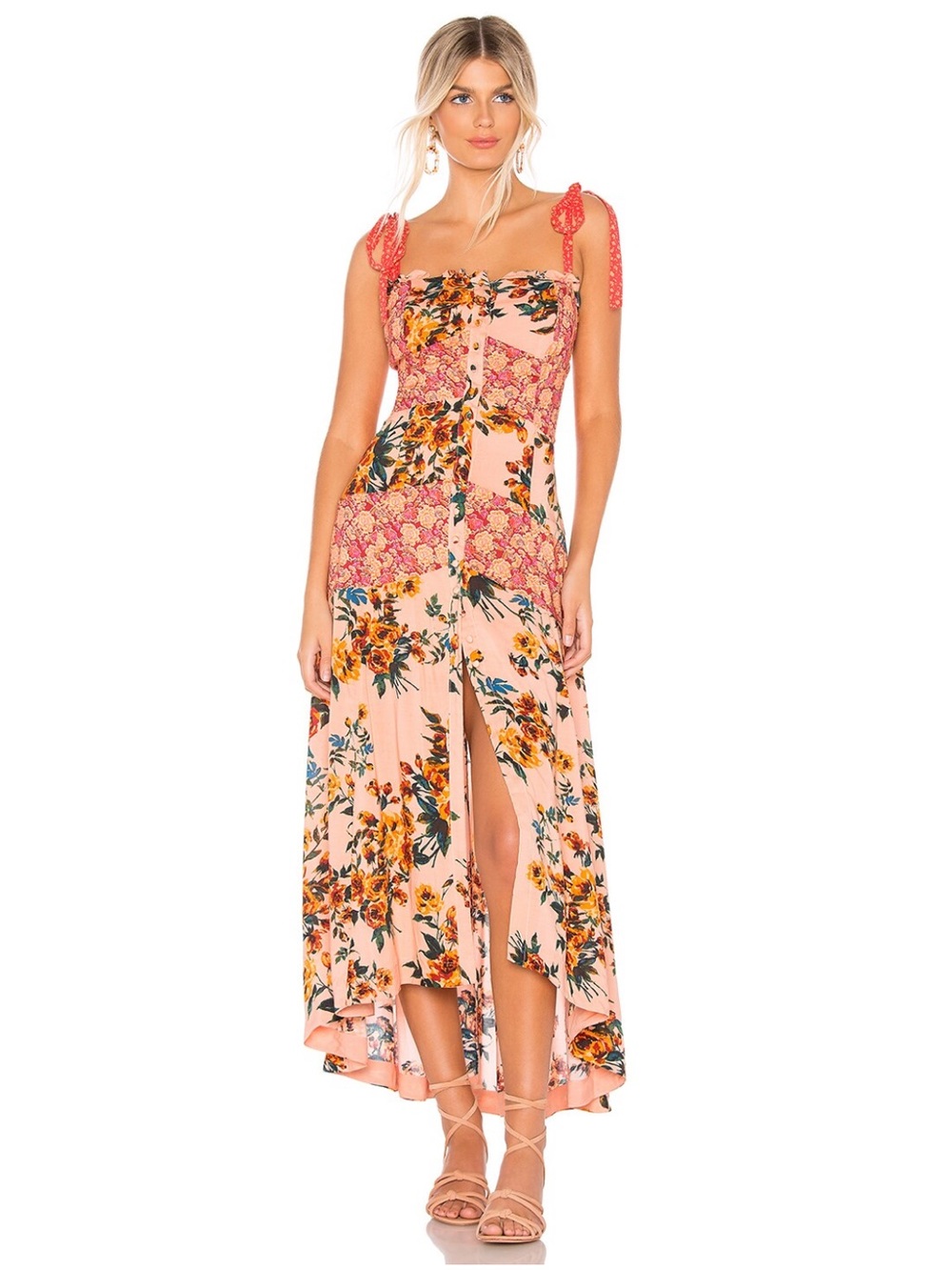Free People Lover Boy Maxi Dress Red Floral Size 4 Boho Tie Strap Button Front